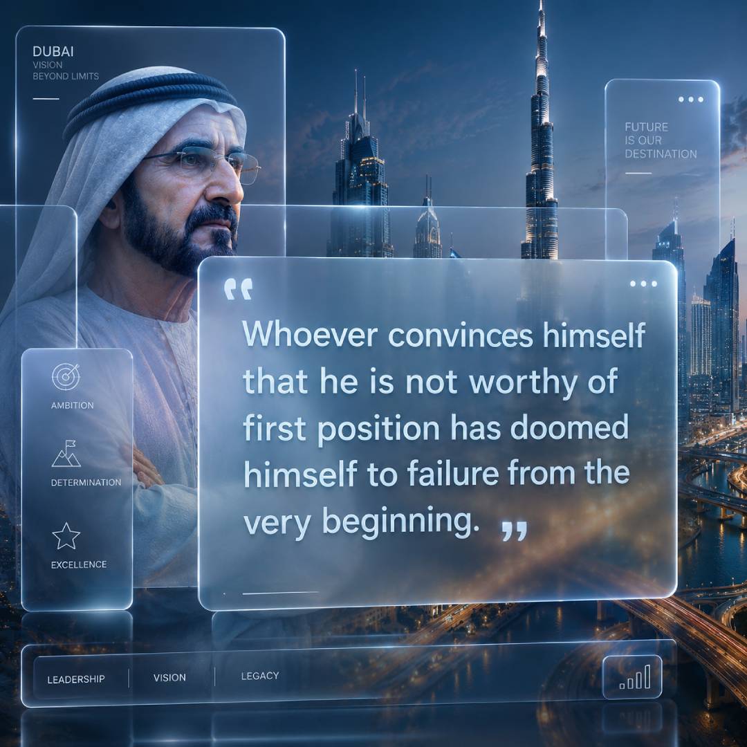 Sheikh Mohammed bin Rashid Al Maktoum quotes image in square 1:1 featuring the quote Whoever convinces himself that he is not worthy of first position