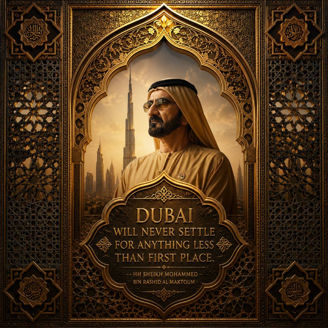 Sheikh Mohammed bin Rashid Al Maktoum quotes image in square 1:1 featuring the quote Dubai will never settle for anything less than first place