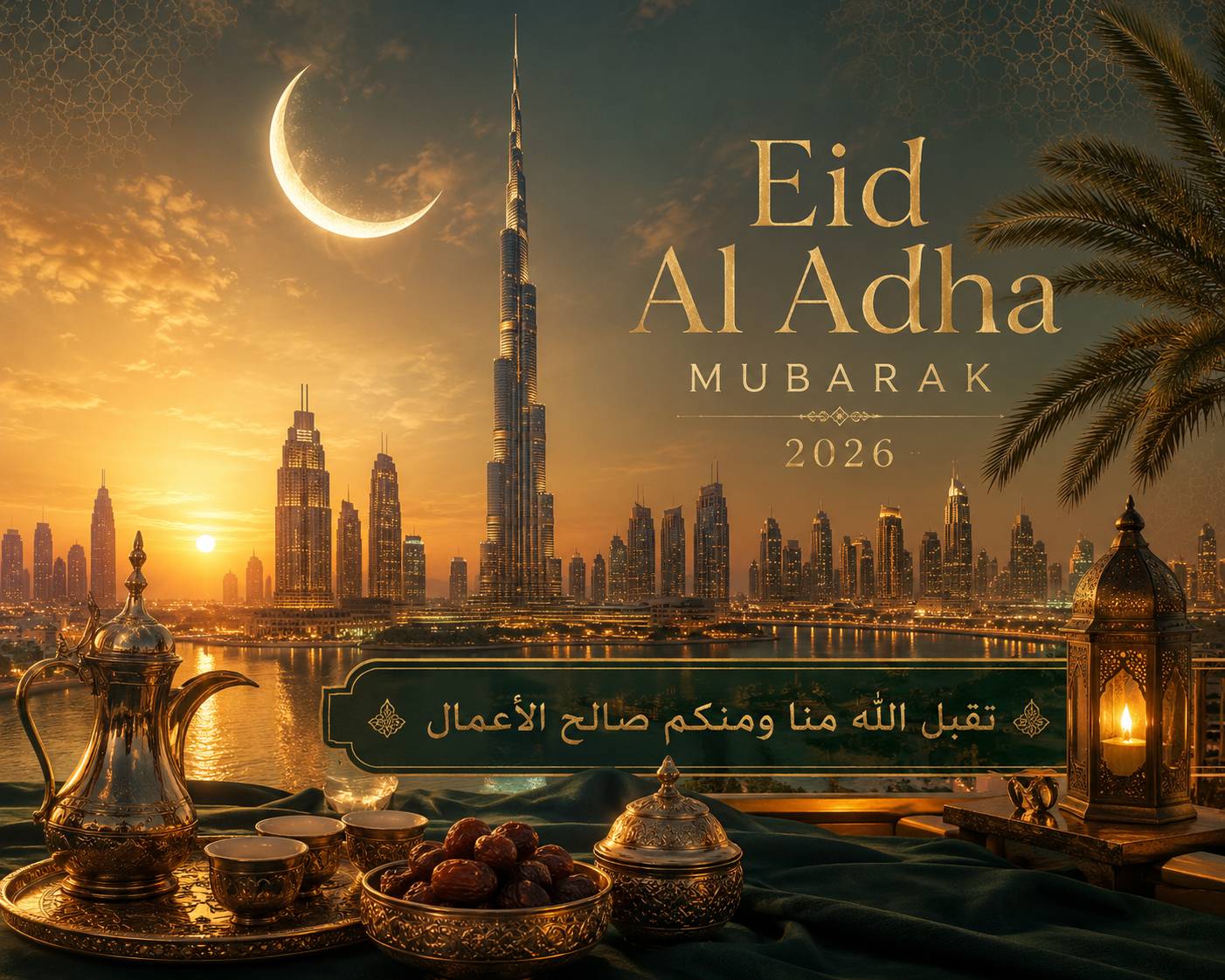Eid Al Adha 2026 Mubarak image with Dubai skyline at sunset, glowing crescent moon above Burj Khalifa, gold and emerald UAE luxury palette