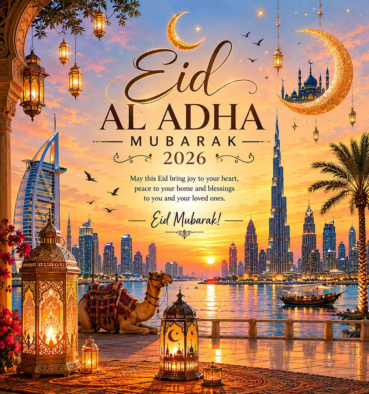 Eid Al Adha 2026 Mubarak wishes image featuring the Dubai skyline