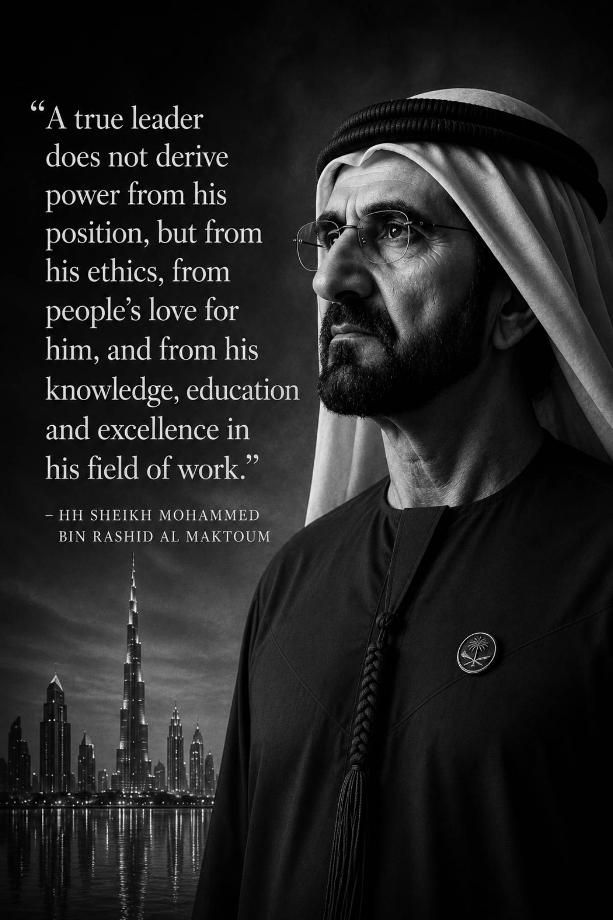 Sheikh Mohammed bin Rashid Al Maktoum quotes image in 2:3 portrait featuring the quote A true leader does not derive power from his position