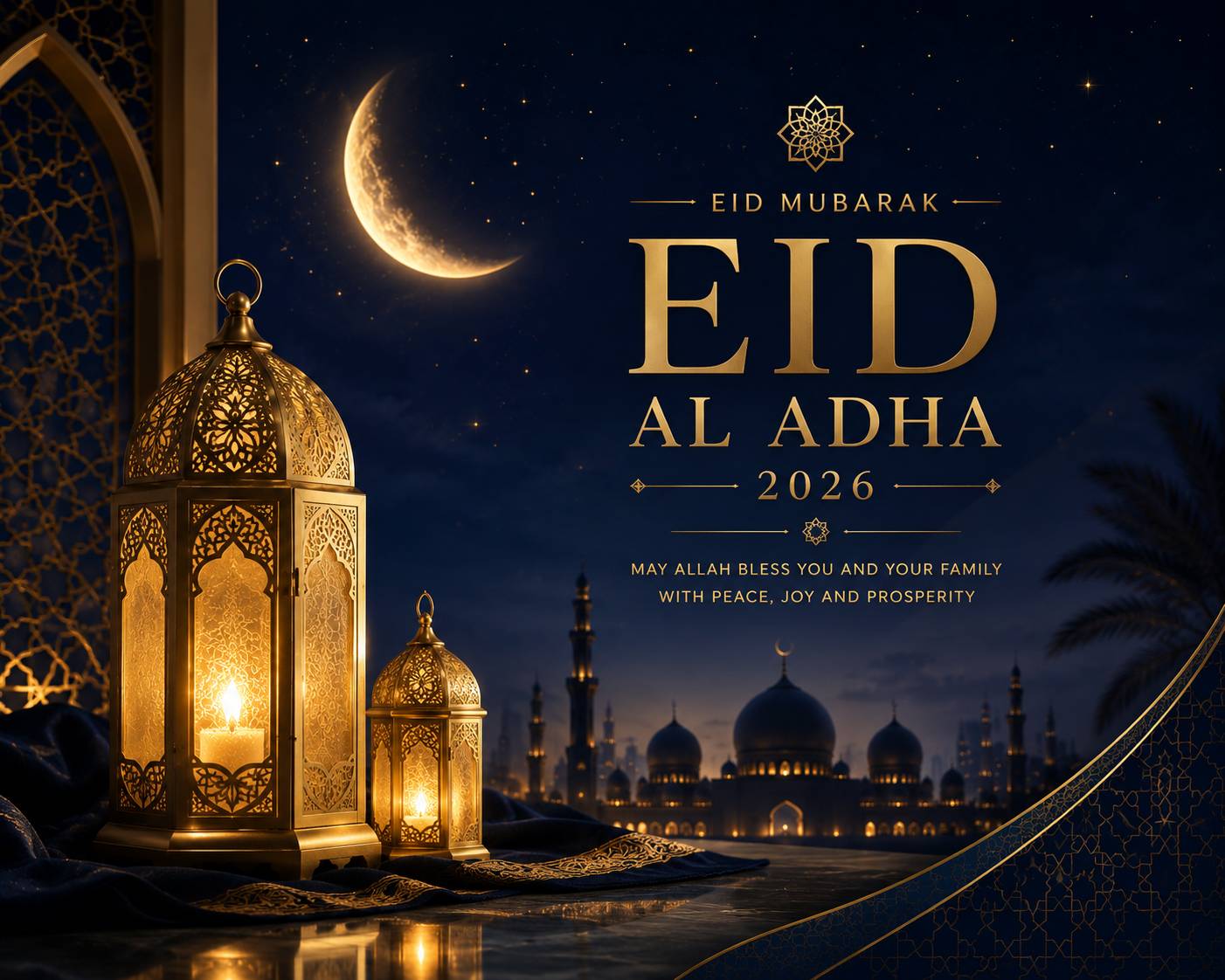 Professional Eid Mubarak 2026 greeting card with glowing lanterns, crescent moon and deep blue luxury theme
