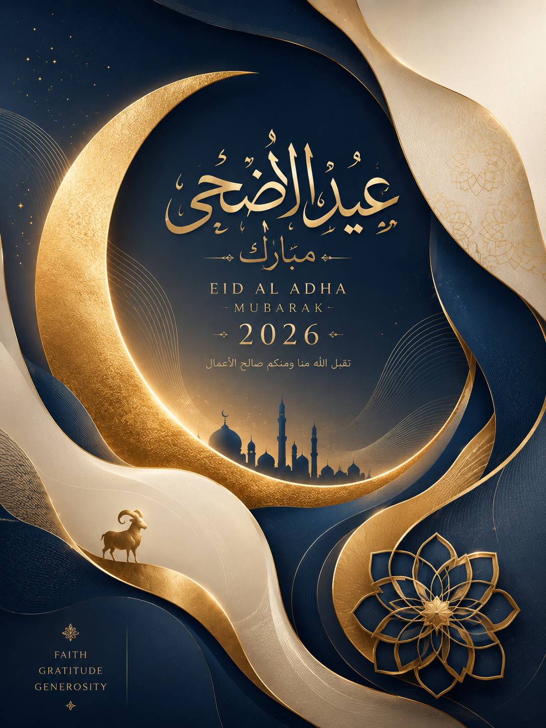 Artistic blue and gold vertical Eid Al Adha 2026 wishes image with crescent moon, Arabic typography and ram silhouette for WhatsApp status