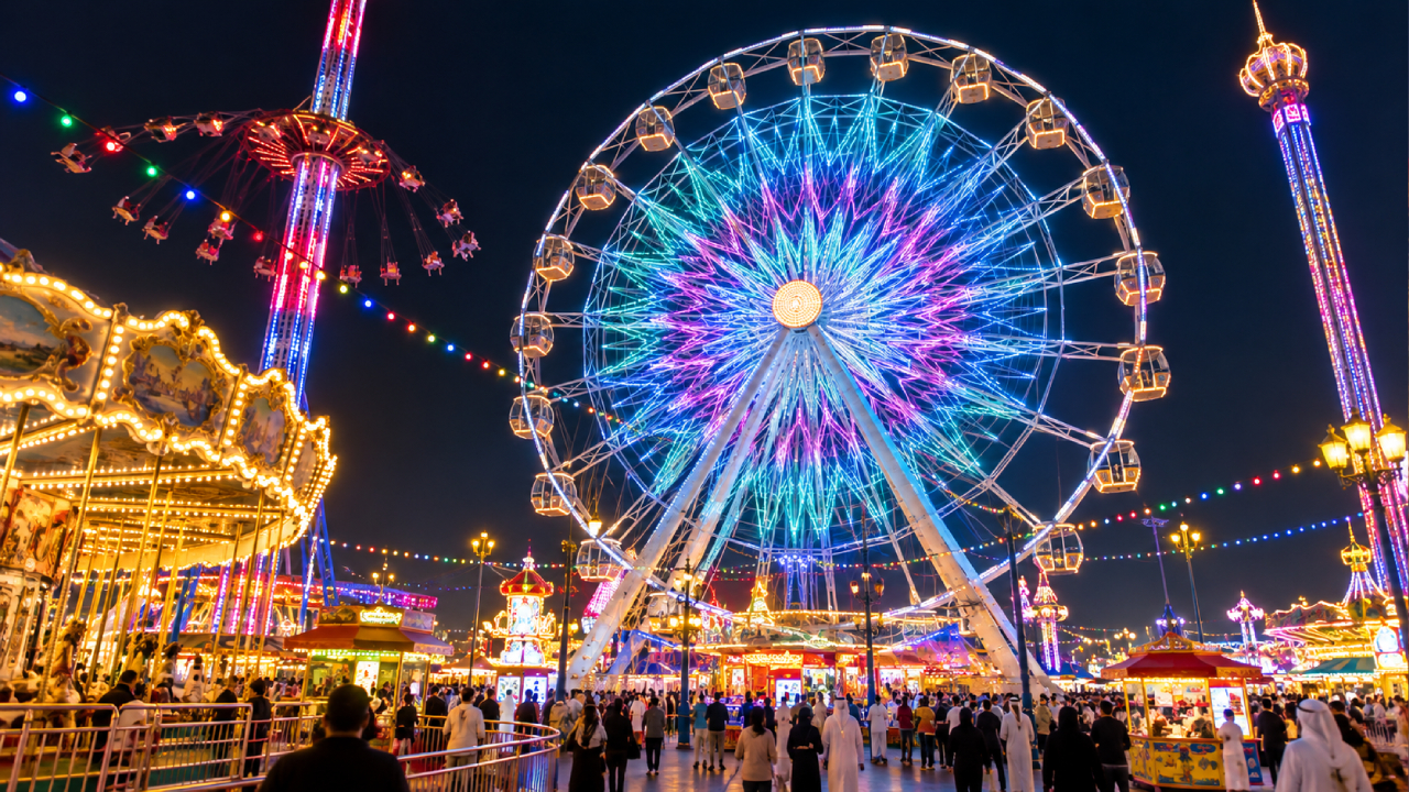 Festival Wheel at Global Village Dubai illuminated with vibrant blue, pink and purple lights against the night sky, surrounded by colorful carnival rides, festive string lights, and crowds of visitors enjoying the lively amusement park.