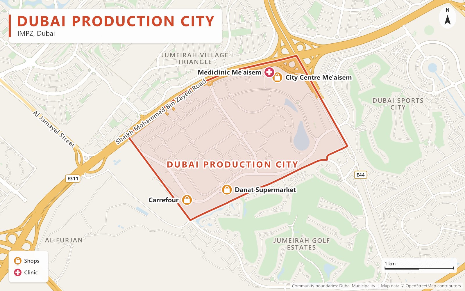 lose-up map of Dubai Sports City outlined in red between Sheikh Mohammed Bin Zayed Road (E311), Hessa Street, Sheikh Zayed bin Hamdan Al Nahyan Street and Al Khail Road (E44), next to Motor City, Dubai Studio City, Jumeirah Golf Estates and Dubai Production City, with Dubai International Cricket Stadium, The Els Golf Course, Victory Heights Primary School, Dwight School Dubai and Carrefour marked.