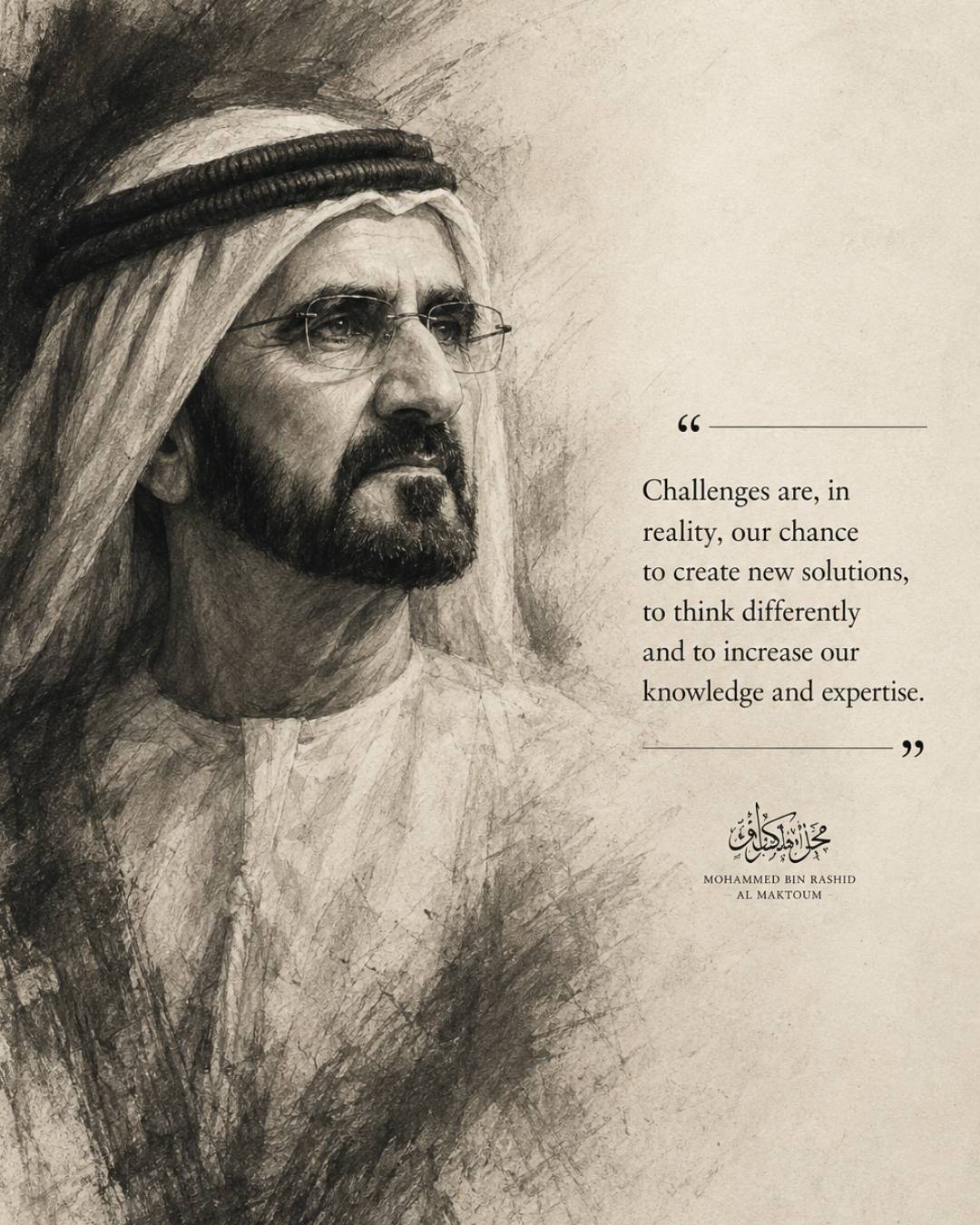 Sheikh Mohammed bin Rashid Al Maktoum quotes image in 4:5 portrait featuring the quote Challenges are our chance to create new solutions