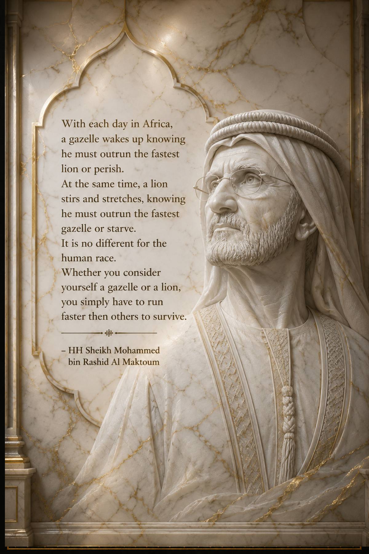 Sheikh Mohammed bin Rashid Al Maktoum quotes image in 2:3 portrait featuring the quote lion and gazelle survival