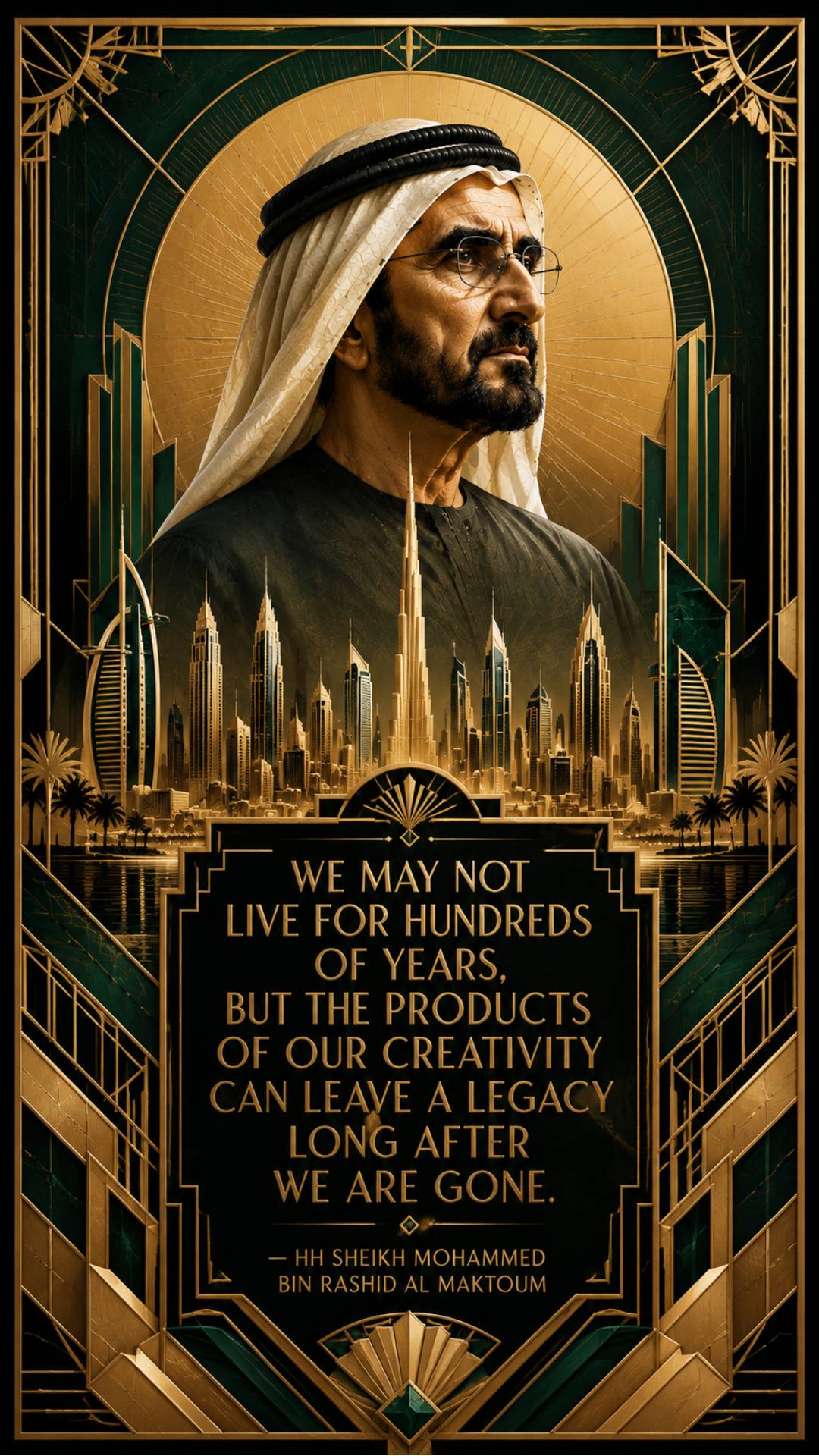 Sheikh Mohammed bin Rashid Al Maktoum quotes image in 9:16 vertical featuring the quote We may not live for hundreds of years but our creativity leaves a legacy