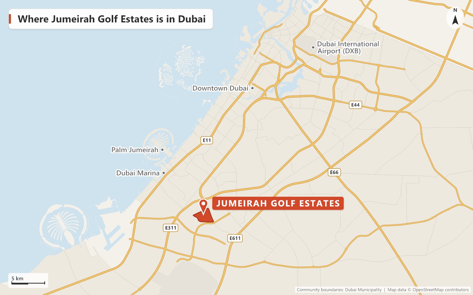 Map of Dubai showing where Jumeirah Golf Estates is, just south of Sheikh Mohammed Bin Zayed Road (E311) near Dubai Sports City, with Dubai Marina, Palm Jumeirah, Downtown Dubai and Dubai International Airport marked for reference.