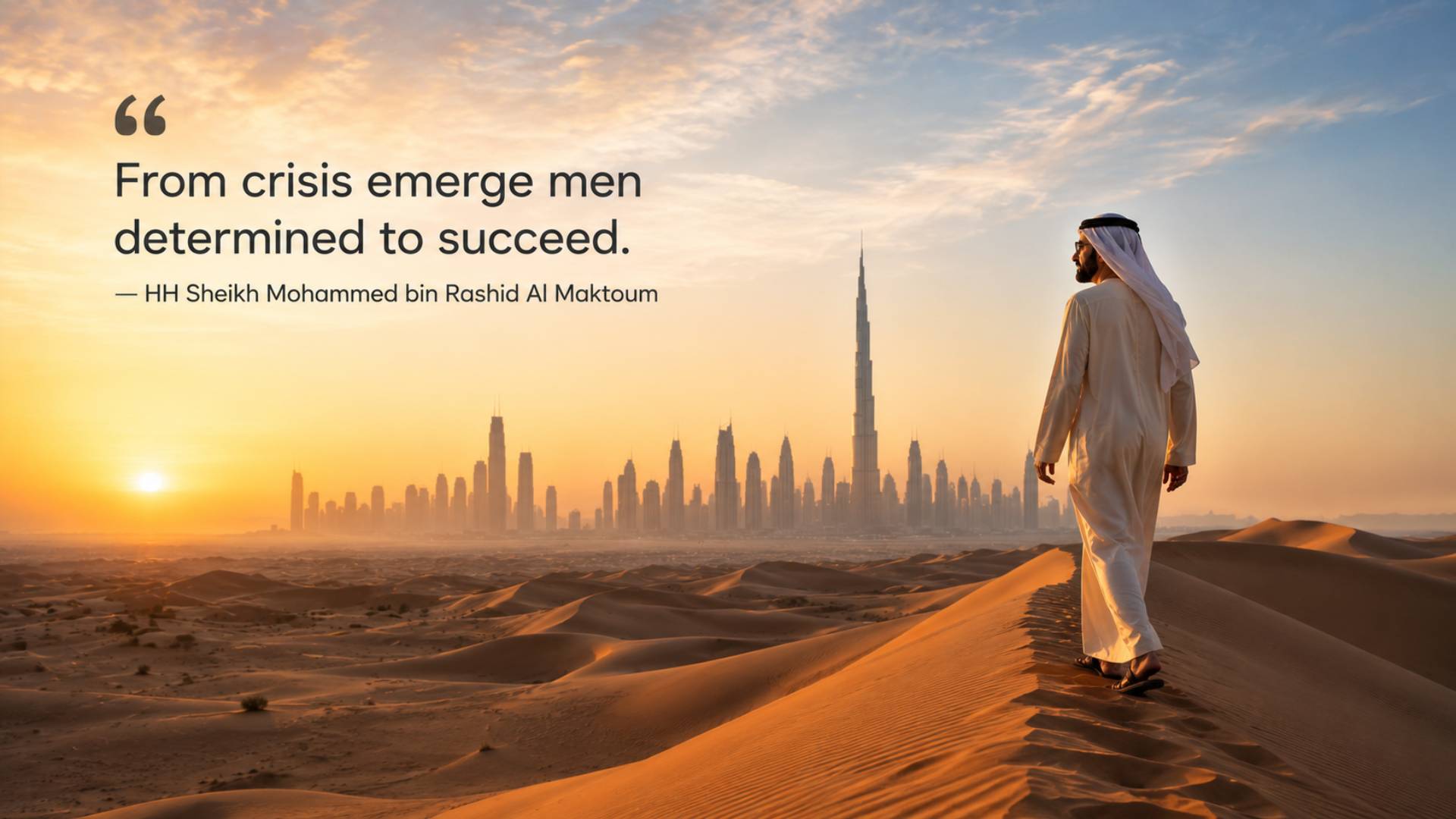 Sheikh Mohammed bin Rashid Al Maktoum quotes image in 16:9 widescreen featuring the quote From crisis emerge men determined to succeed