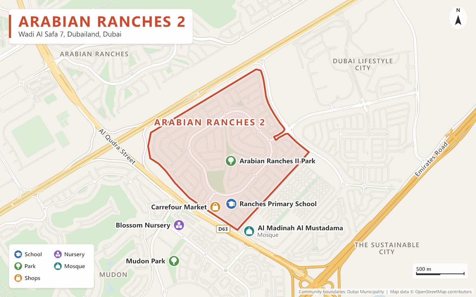 Close-up map of Arabian Ranches 2 outlined in red along Al Qudra Street (D63), next to Arabian Ranches, Dubai Lifestyle City, The Sustainable City and Mudon, with Arabian Ranches II Park, Ranches Primary School and Carrefour Market inside, and Blossom Nursery, Al Madinah Al Mustadama Mosque and Mudon Park nearby.