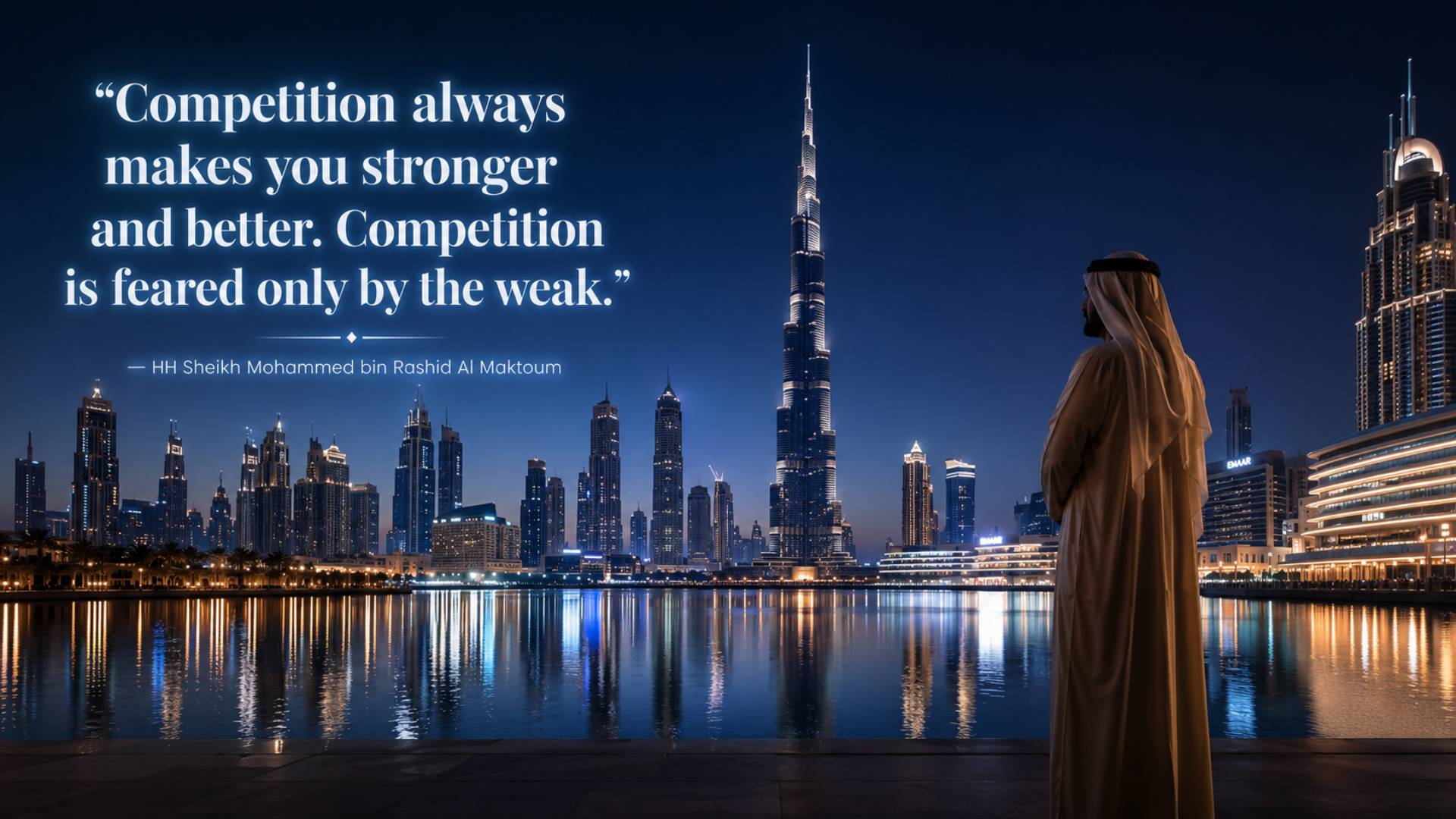 Sheikh Mohammed bin Rashid Al Maktoum quotes image in 16:9 widescreen featuring the quote Competition always makes you stronger and better