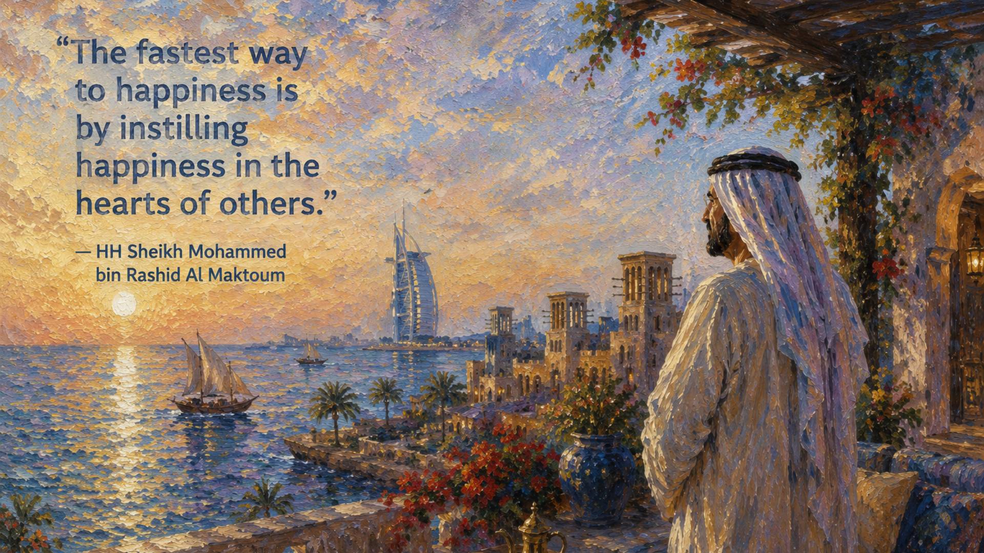 Sheikh Mohammed bin Rashid Al Maktoum quotes image in 16:9 widescreen featuring the quote The fastest way to happiness is by instilling happiness in others