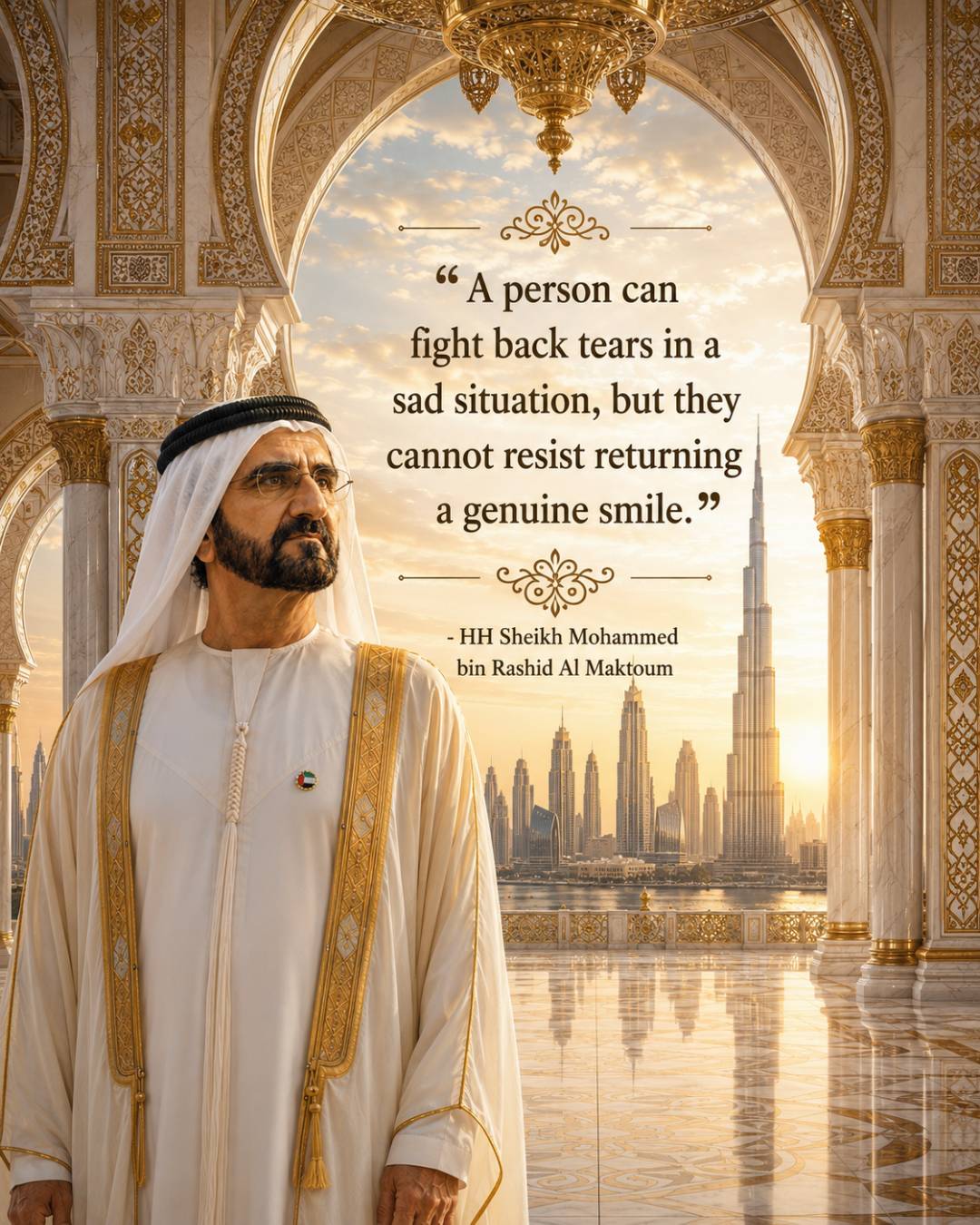Sheikh Mohammed bin Rashid Al Maktoum quotes image in 4:5 portrait featuring the quote A person can fight back tears but cannot resist a smile