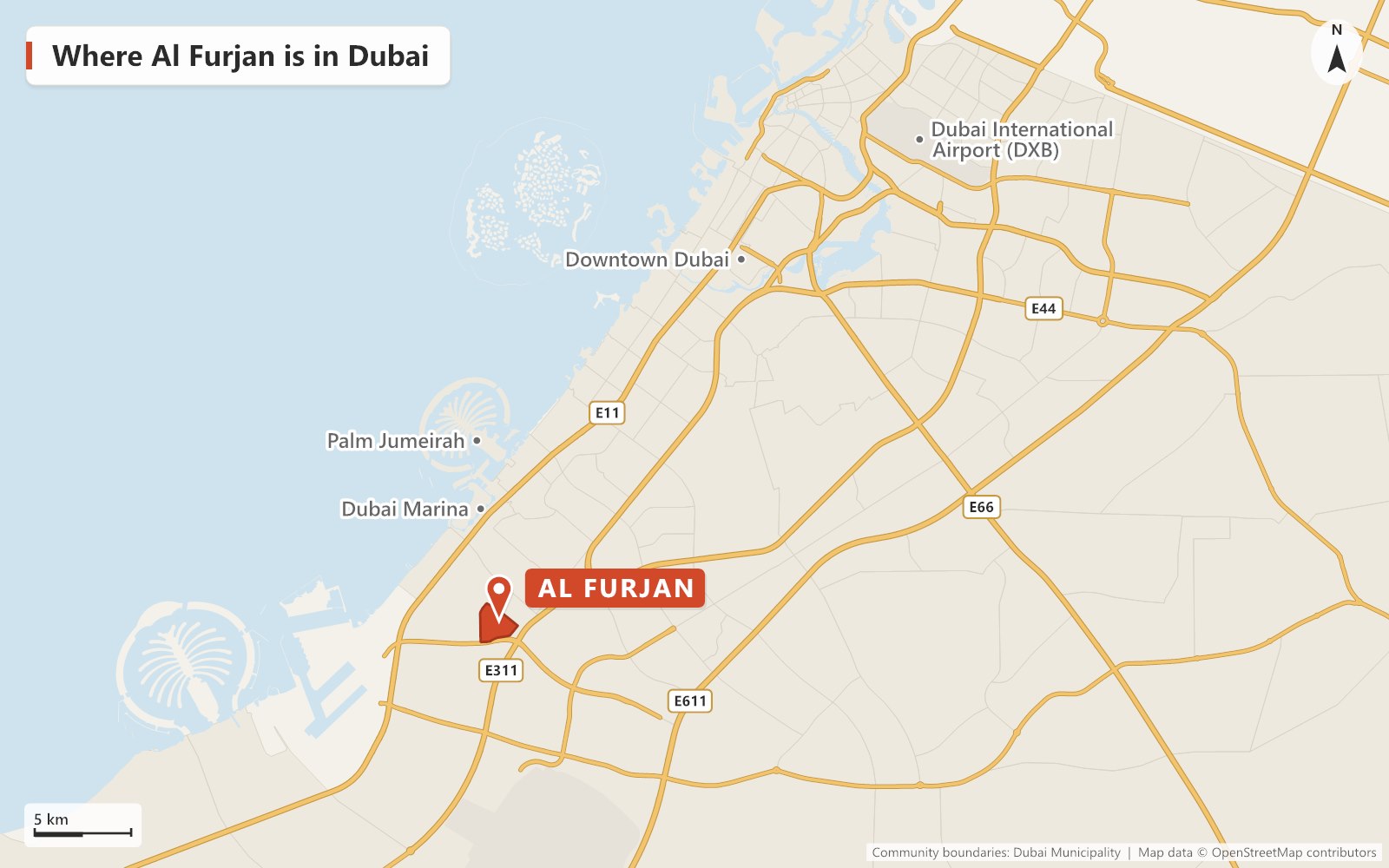 Map of Dubai showing where Al Furjan is, beside Sheikh Mohammed Bin Zayed Road (E311) near Jebel Ali, with Dubai Marina, Palm Jumeirah, Downtown Dubai and Dubai International Airport marked for reference.