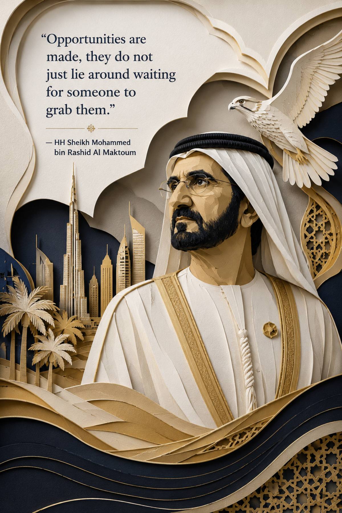 Sheikh Mohammed bin Rashid Al Maktoum quotes image in 2:3 portrait featuring the quote Opportunities are made