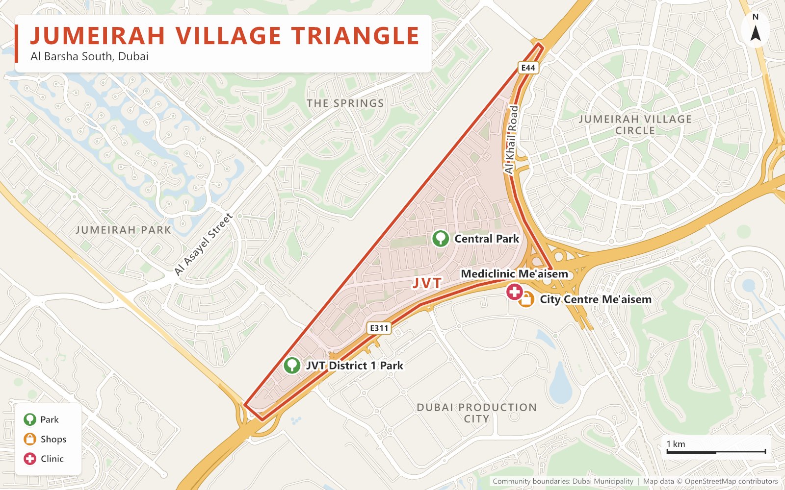 Map of Dubai showing where Jumeirah Village Triangle (JVT) is, inland from Dubai Marina where Sheikh Mohammed Bin Zayed Road (E311) meets Al Khail Road (E44), with Palm Jumeirah, Downtown Dubai, Arabian Ranches and Dubai International Airport marked for reference.