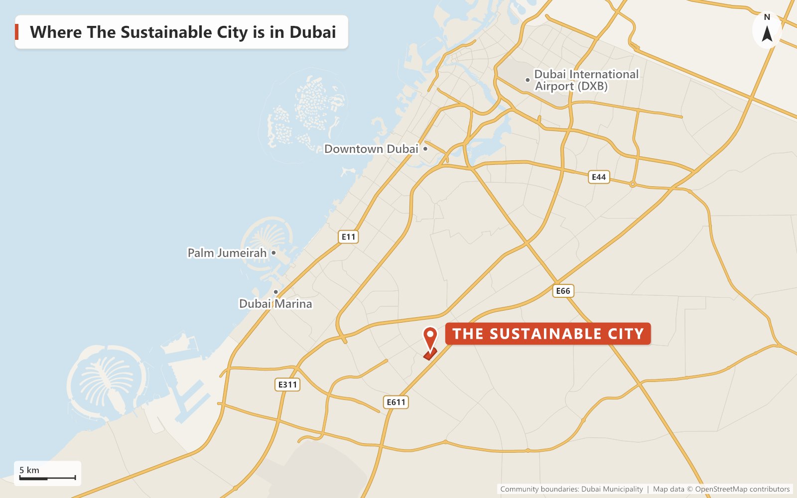 Map of Dubai showing where The Sustainable City is, beside Al Qudra Street and Emirates Road (E611) in Dubailand, with Dubai Marina, Palm Jumeirah, Downtown Dubai and Dubai International Airport marked for reference.
