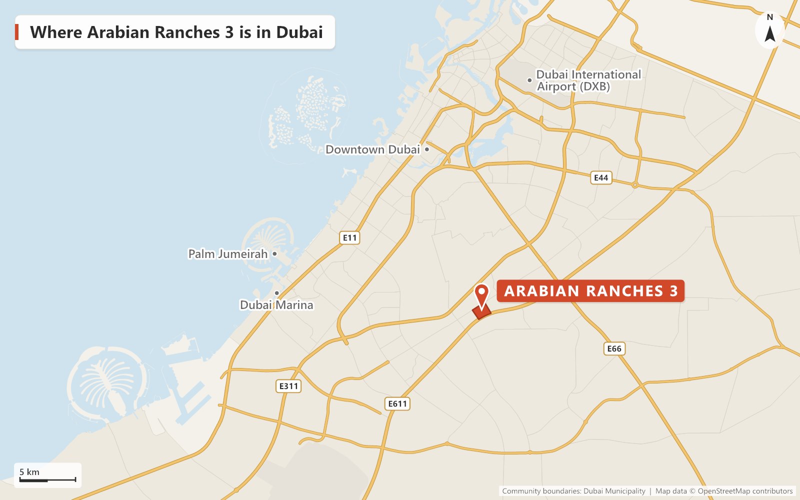 ap of Dubai showing where Arabian Ranches 3 is, beside Emirates Road (E611) near Global Village in Dubailand, with Dubai Marina, Palm Jumeirah, Downtown Dubai and Dubai International Airport marked for reference.