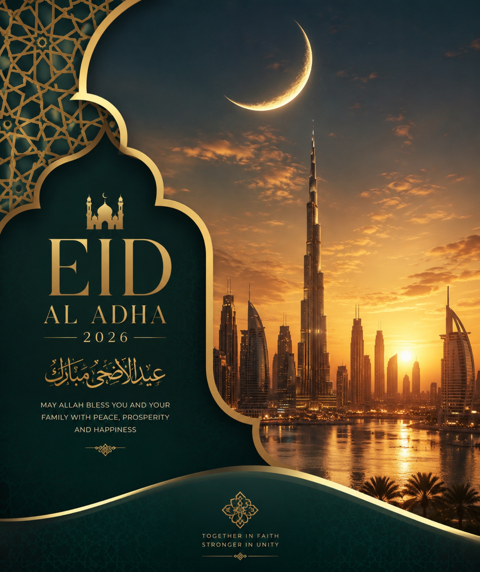 Elegant Eid Al Adha 2026 wishes image with minimal Burj Khalifa silhouette in gold and deep emerald, Islamic geometric patterns