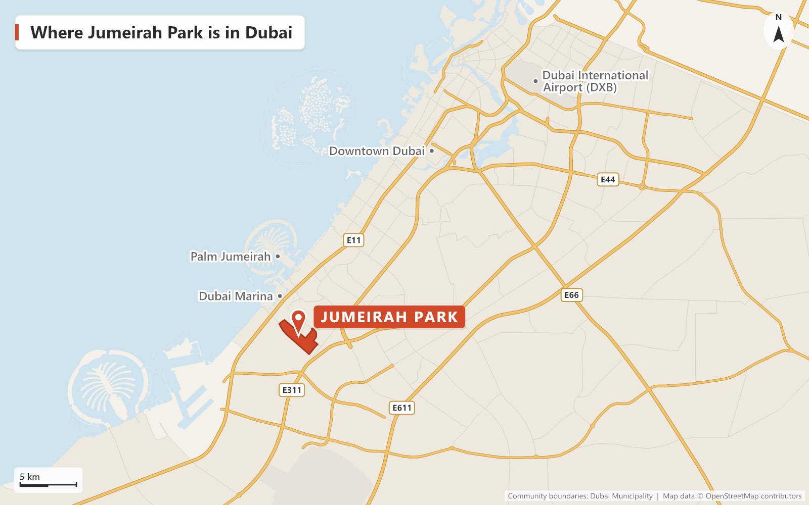 Map of Dubai showing where Jumeirah Park is, inland from Dubai Marina between Sheikh Zayed Road (E11) and Sheikh Mohammed Bin Zayed Road (E311), with Palm Jumeirah, Downtown Dubai and Dubai International Airport marked for reference.