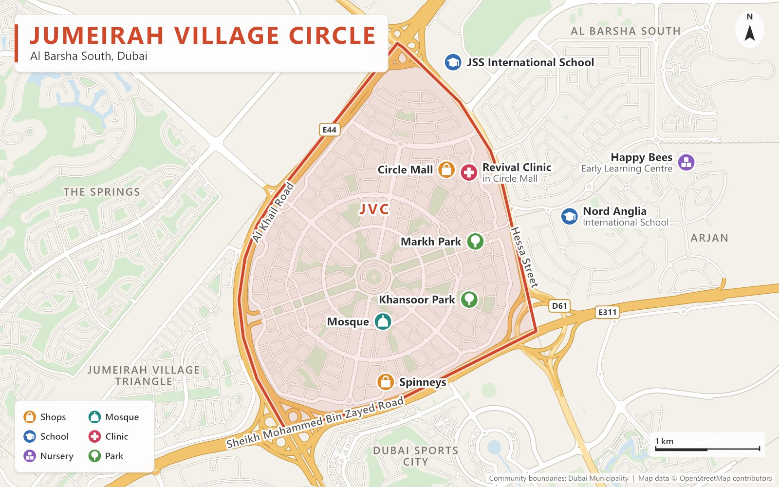 Close-up map of Jumeirah Village Circle outlined in red between Al Khail Road (E44), Hessa Street (D61) and Sheikh Mohammed Bin Zayed Road (E311), next to Jumeirah Village Triangle, The Springs, Arjan, Al Barsha South and Dubai Sports City, with Circle Mall, Revival Clinic, Spinneys, a mosque, Khansoor Park and Markh Park inside, and JSS International School, Nord Anglia International School and Happy Bees Early Learning Centre nearby.