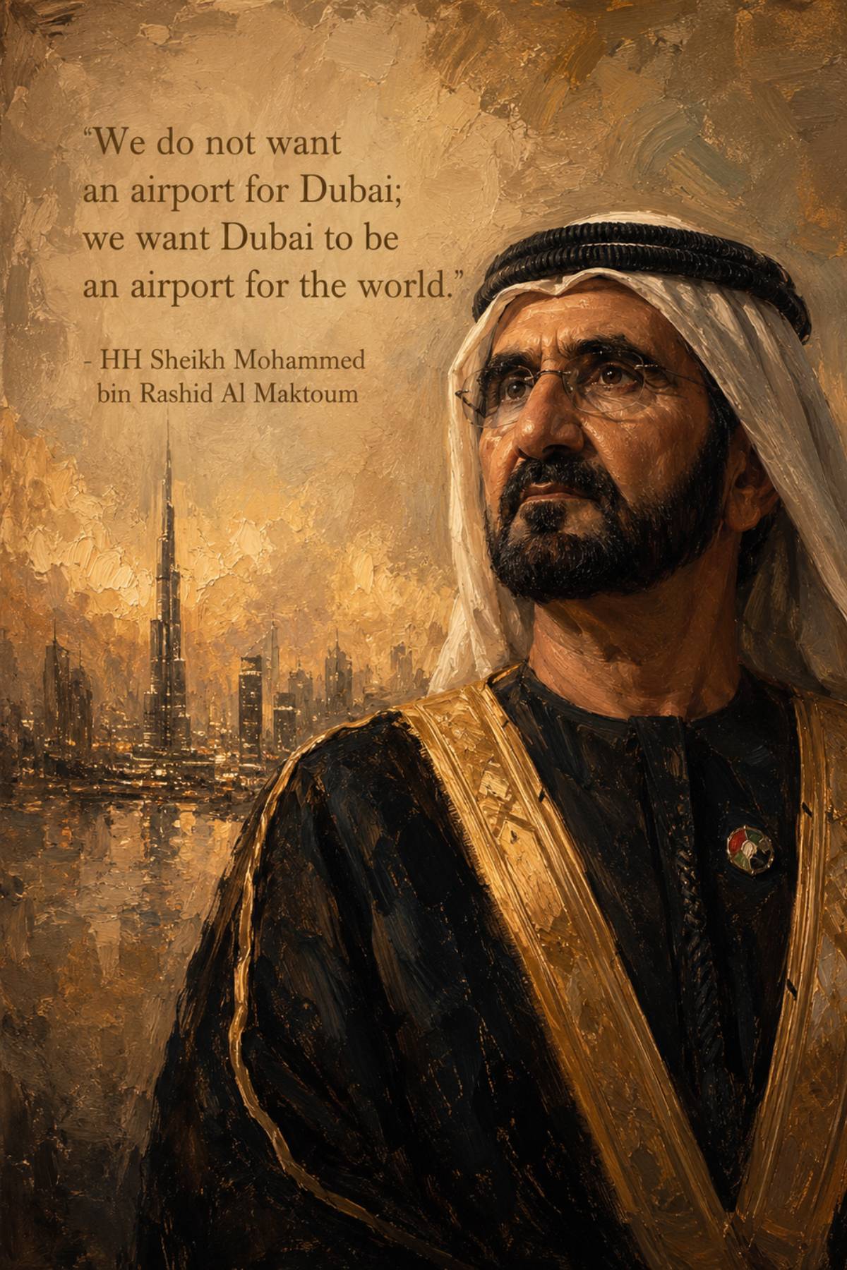 Sheikh Mohammed bin Rashid Al Maktoum quotes image in 2:3 portrait featuring the quote We want Dubai to be an airport for the world