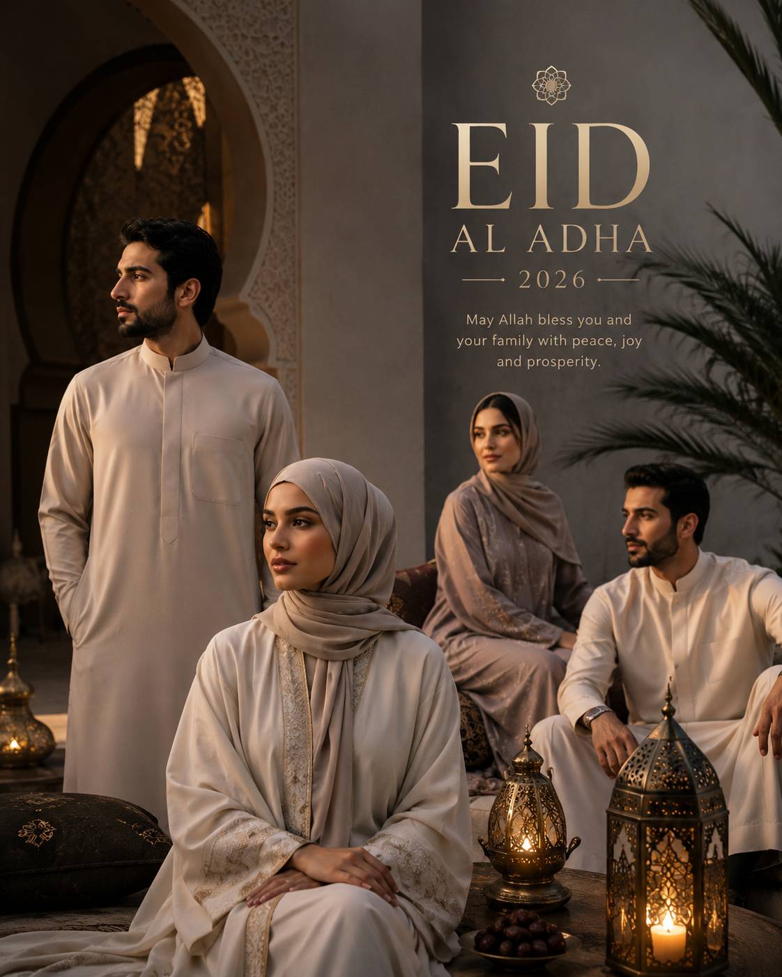 Aesthetic Eid Al Adha 2026 family portrait with elegant traditional outfits, warm lantern lighting and luxury Arabian decor