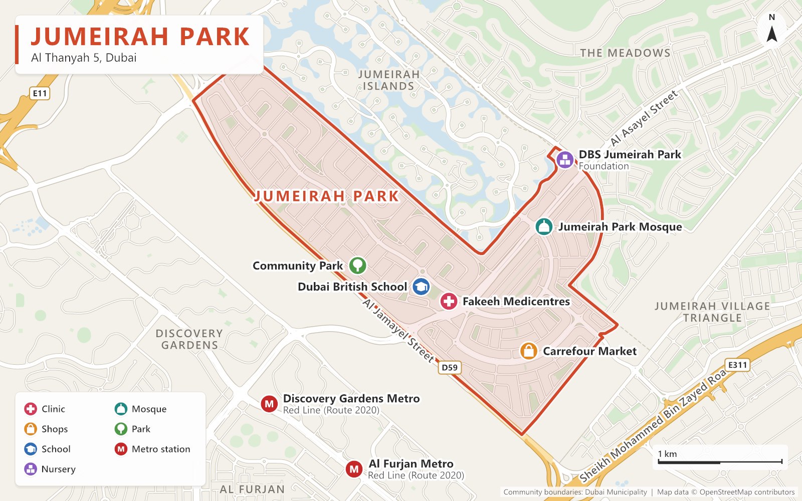 Close-up map of Jumeirah Park outlined in red along Al Jamayel Street (D59), next to Jumeirah Islands, The Meadows, Jumeirah Village Triangle, Discovery Gardens and Al Furjan, with Dubai British School, DBS Jumeirah Park Foundation, Fakeeh Medicentres, Carrefour Market, Jumeirah Park Mosque and Community Park inside, and Discovery Gardens and Al Furjan Metro stations (Red Line, Route 2020) nearby.