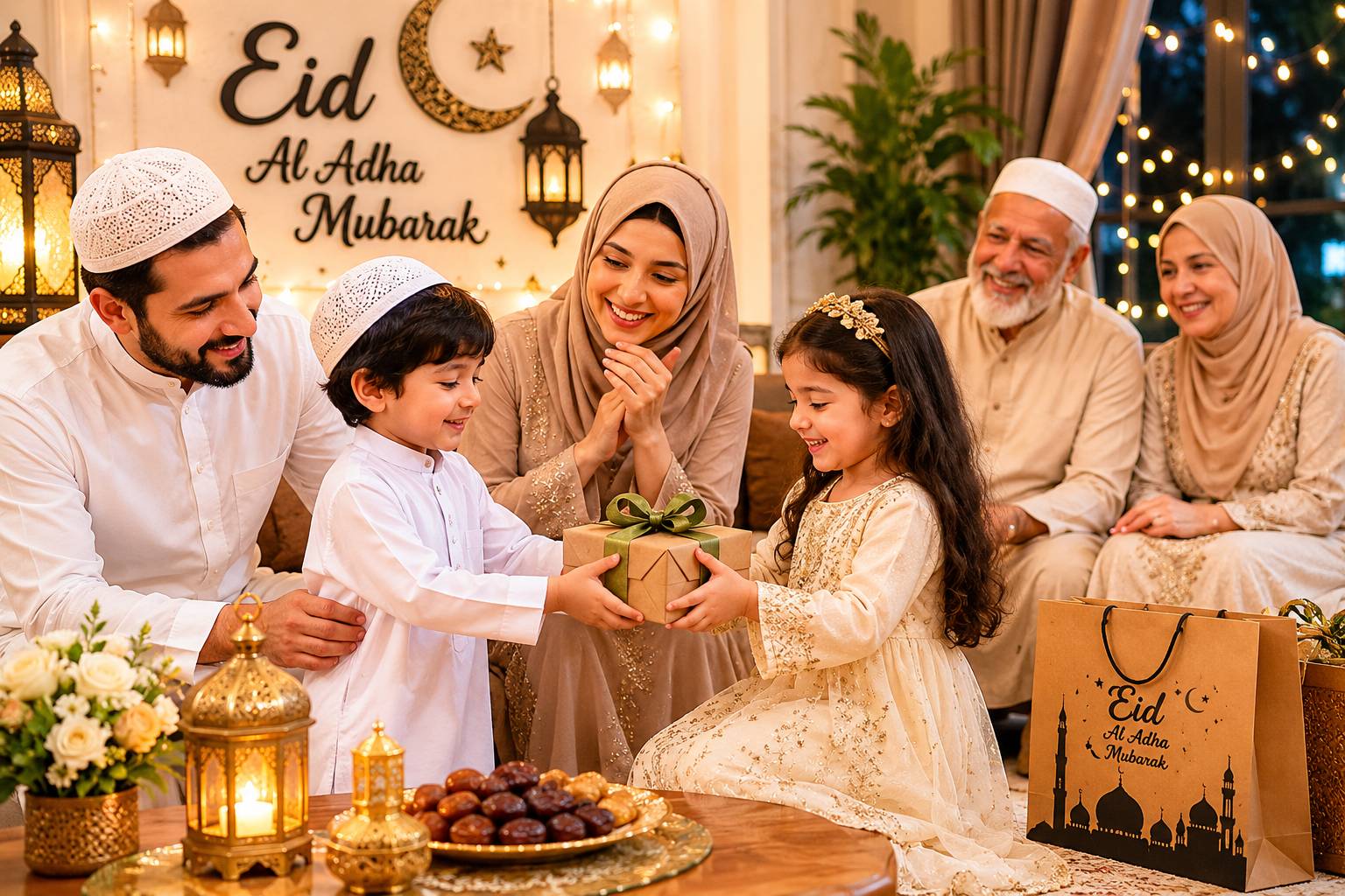 Muslim family celebrating Eid Al Adha 2026 at home with warm lighting and elegant Arabic decor, children exchanging gifts