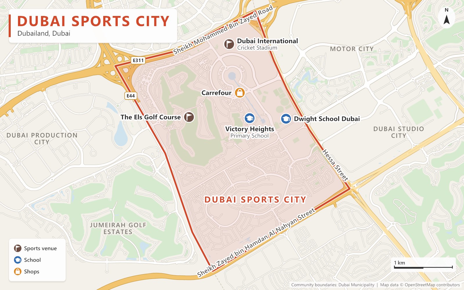 Close-up map of Dubai Sports City outlined in red between Sheikh Mohammed Bin Zayed Road (E311), Hessa Street, Sheikh Zayed bin Hamdan Al Nahyan Street and Al Khail Road (E44), next to Motor City, Dubai Studio City, Jumeirah Golf Estates and Dubai Production City, with Dubai International Cricket Stadium, The Els Golf Course, Victory Heights Primary School, Dwight School Dubai and Carrefour marked.