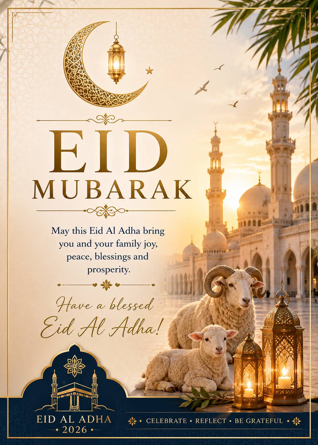Premium Eid Mubarak greeting card in English with elegant modern Islamic typography