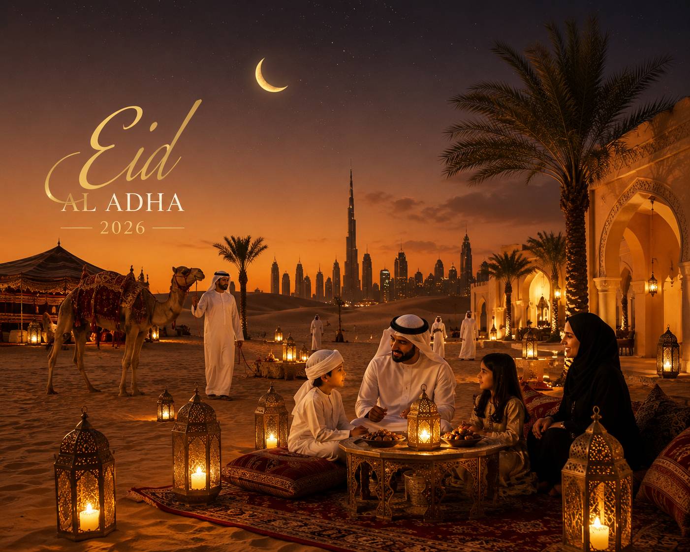 Warm Eid Al Adha 2026 wishes image showing a desert family gathering with lanterns, camel and Dubai skyline glowing in the background