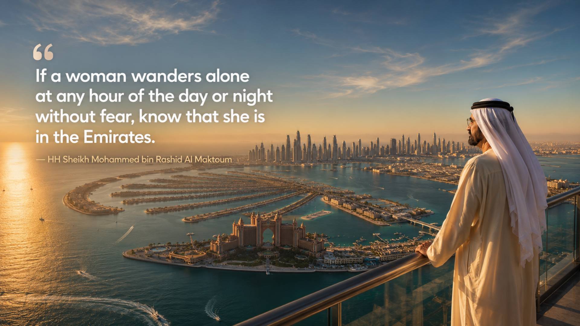 Sheikh Mohammed bin Rashid Al Maktoum quotes image in 16:9 widescreen featuring the quote If a woman wanders alone at any hour without fear