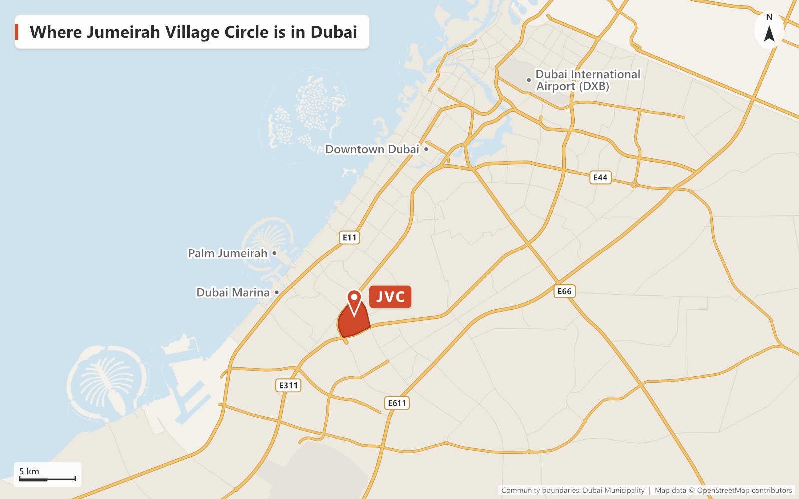 Map of Dubai showing where Jumeirah Village Circle (JVC) is, inland from Dubai Marina between Al Khail Road (E44) and Sheikh Mohammed Bin Zayed Road (E311), with Palm Jumeirah, Downtown Dubai and Dubai International Airport marked for reference.
