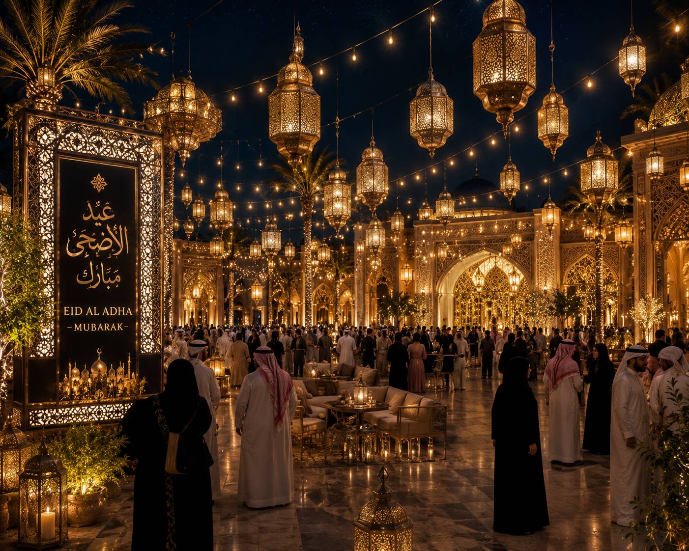 Luxurious Eid Al Adha 2026 golden landscape with glowing lanterns, ornate architecture and festive celebration atmosphere