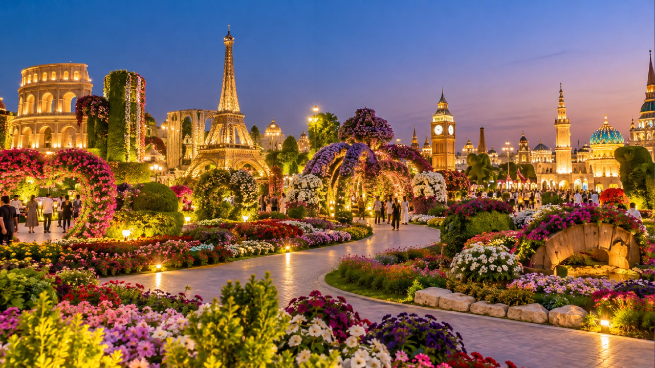 Gardens of the World at Global Village Dubai, featuring vibrant flower beds, illuminated floral arches, lush landscaped pathways, and miniature replicas of famous landmarks including the Eiffel Tower and Big Ben against a colourful twilight sky.