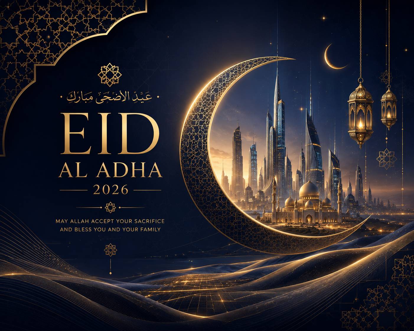 Futuristic blue and gold Eid Al Adha 2026 wishes image with giant crescent moon framing a modern Dubai-inspired skyline