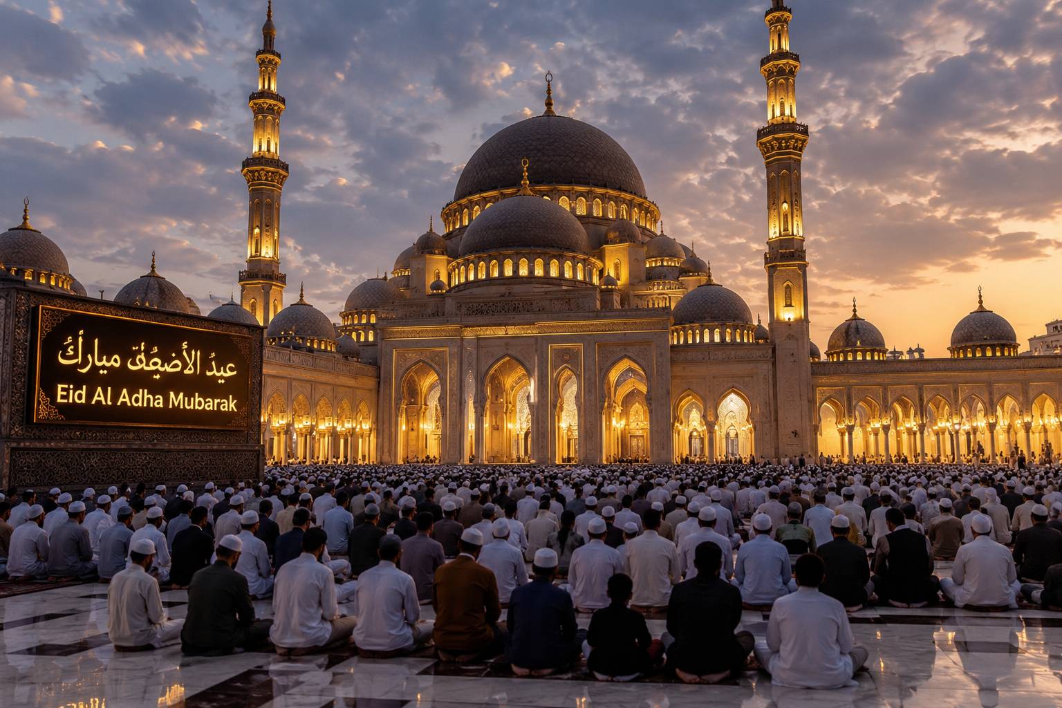 Realistic Eid Al Adha prayer scene at a magnificent illuminated mosque filled with worshippers during sunset