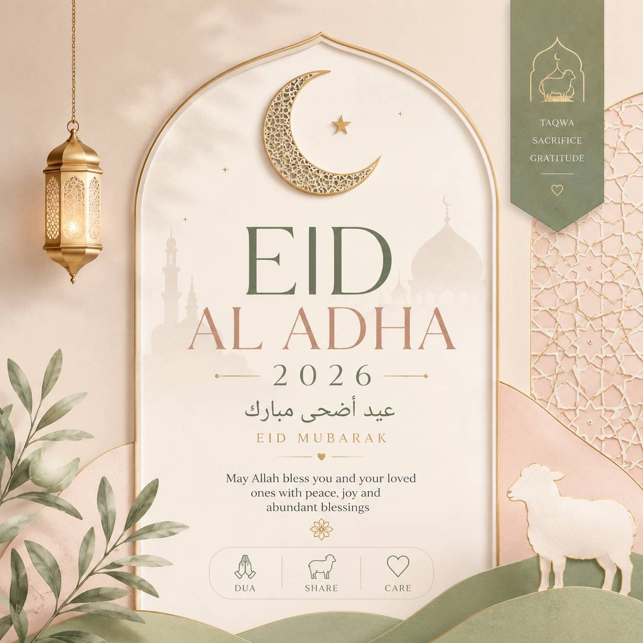 Minimal pastel Eid Al Adha 2026 wishes image with soft beige and sage tones, crescent moon and clean Islamic patterns