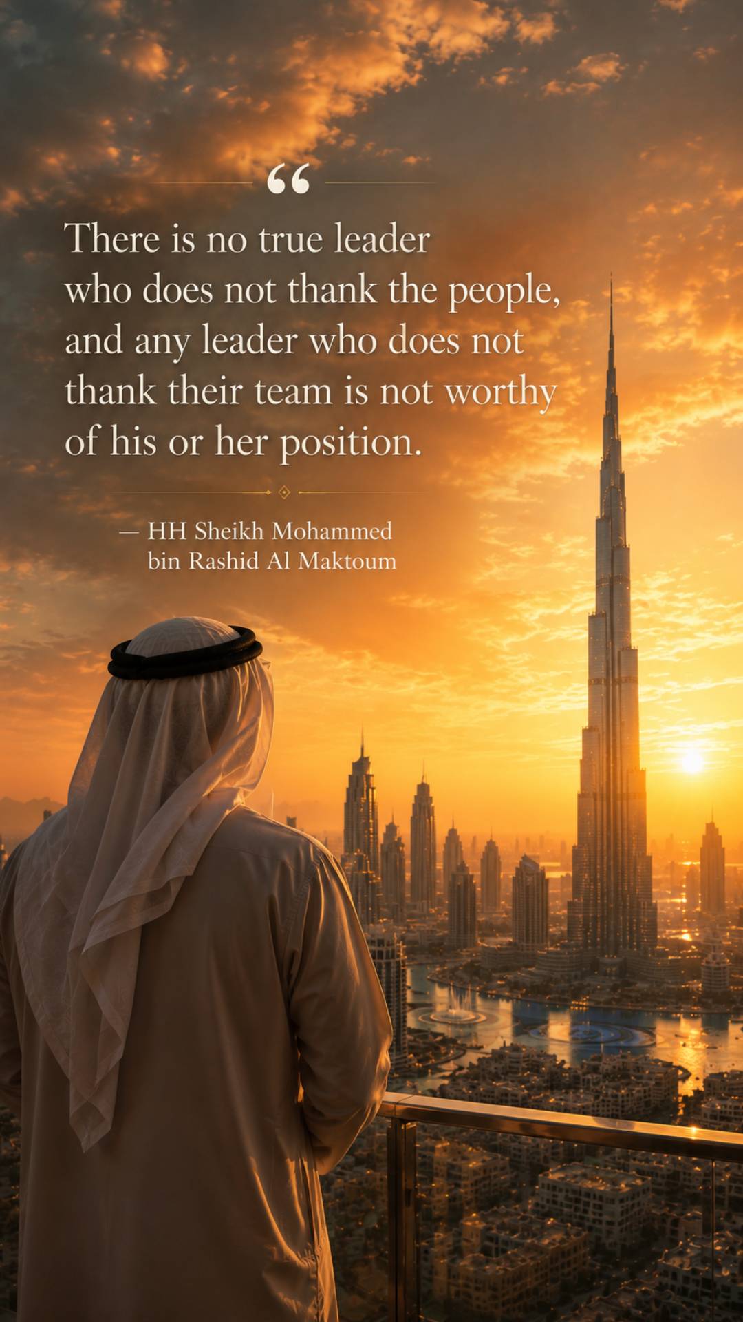 Sheikh Mohammed bin Rashid Al Maktoum quotes image in 9:16 vertical featuring the quote A great leader creates more great leaders