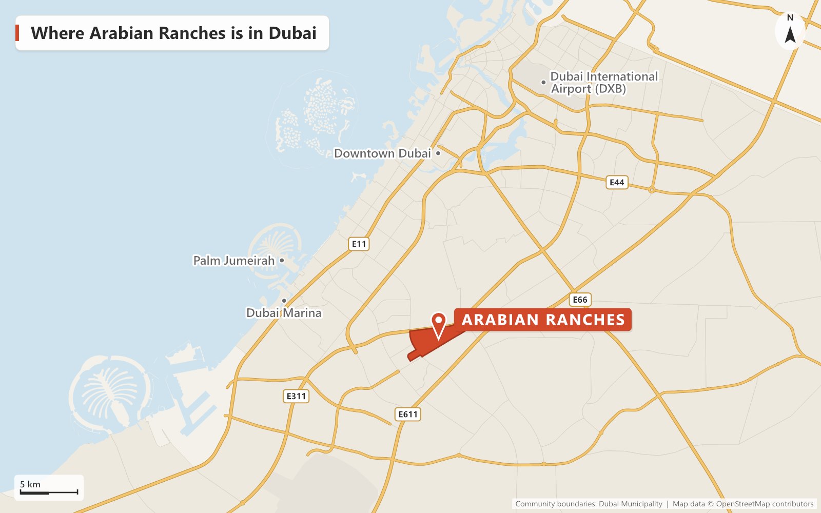 Map of Dubai showing where Arabian Ranches is, between Sheikh Mohammed Bin Zayed Road (E311) and Emirates Road (E611) in Dubailand, with Dubai Marina, Palm Jumeirah, Downtown Dubai and Dubai International Airport marked for reference.