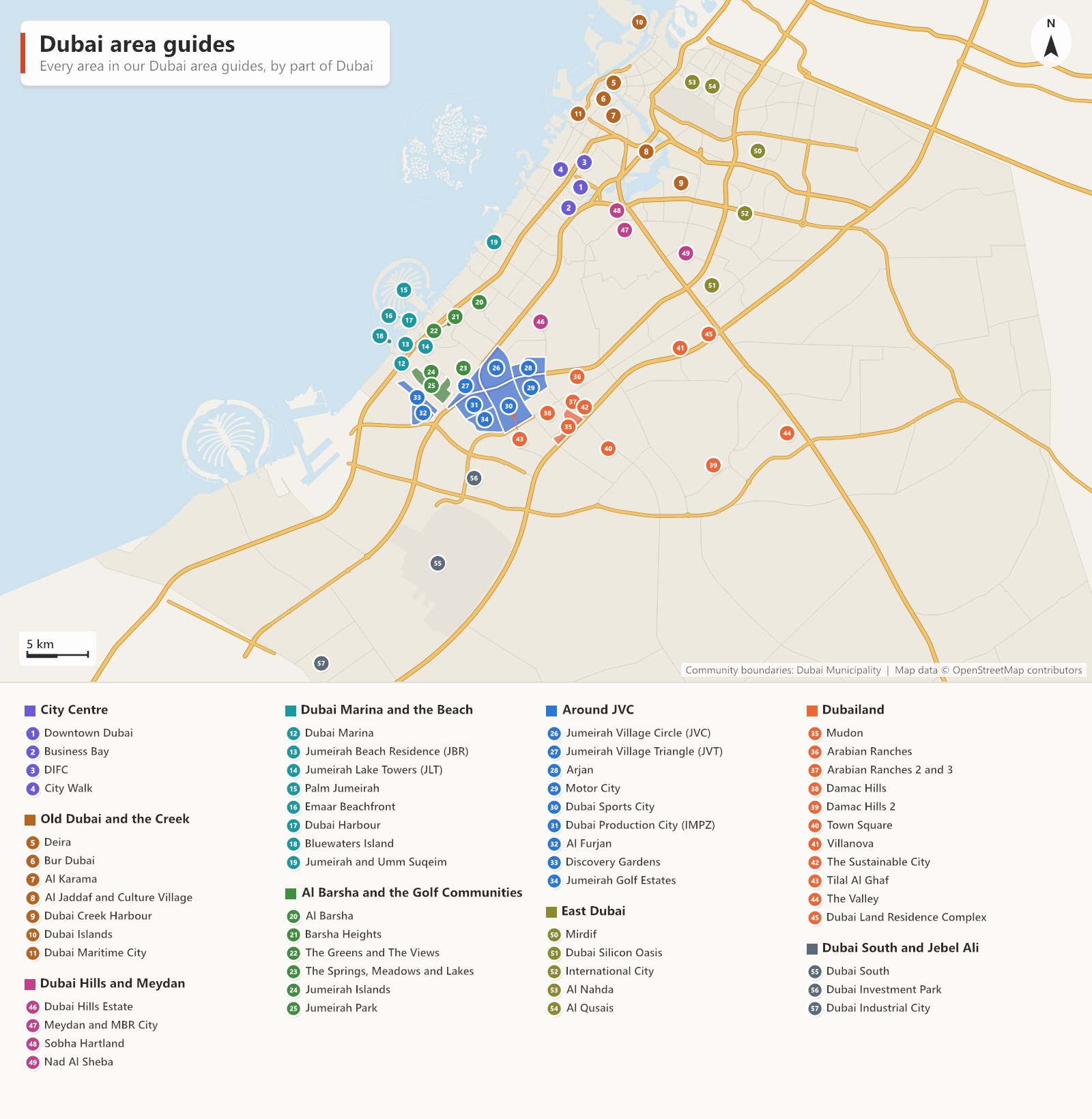 Map of Dubai with each area that has a guide filled in and numbered: Jumeirah Park in green; Jumeirah Village Circle, Jumeirah Village Triangle, Arjan, Motor City, Dubai Sports City, Dubai Production City, Al Furjan, Discovery Gardens and Jumeirah Golf Estates in blue; and Mudon in Dubailand in orange, with Dubai Marina, Palm Jumeirah, Downtown Dubai and Dubai International Airport marked for reference.