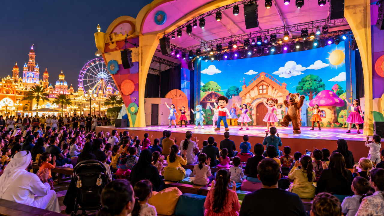 Children and families watch a colourful live theatre performance at Global Village Dubai, featuring costumed characters, dancers and playful storybook scenery under vibrant stage lights.