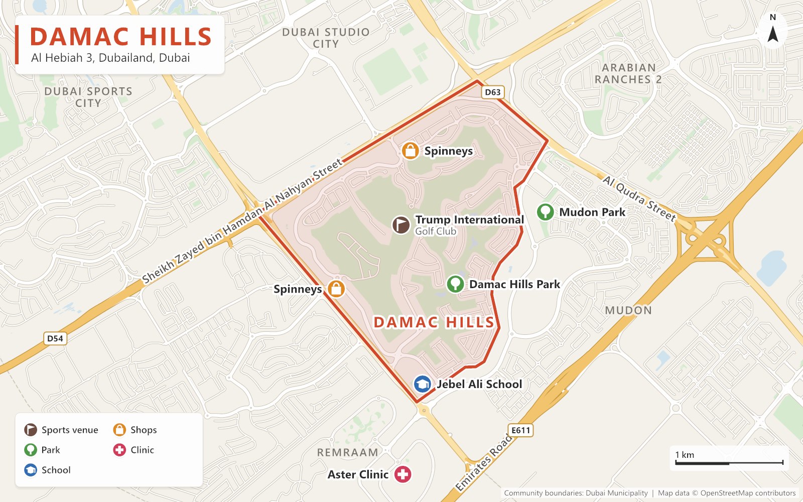 Close-up map of Damac Hills outlined in red between Sheikh Zayed bin Hamdan Al Nahyan Street (D54) and Al Qudra Street (D63), next to Dubai Studio City, Dubai Sports City, Arabian Ranches 2, Mudon and Remraam, with Trump International Golf Club, Damac Hills Park, Jebel Ali School and two Spinneys inside, and Mudon Park and Aster Clinic nearby.