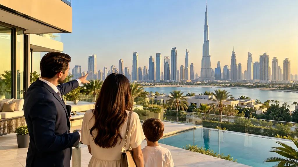 A family viewing Dubai’s skyline from a luxury waterfront villa terrace, with the Burj Khalifa in the background, illustrating house prices in Dubai in 2026.