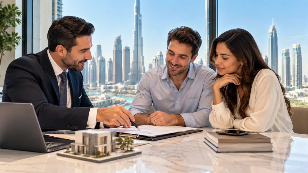 A bank adviser points to a loan document with a pen as a couple reads it, with a model house on the table