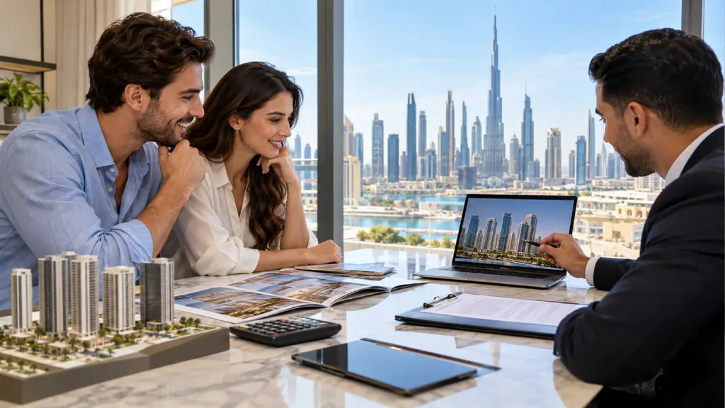 A smiling couple looks at towers on an adviser’s laptop, with a building model and calculator on the table