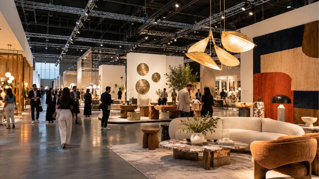 Visitors explore contemporary furniture, lighting installations, and interior design exhibits at Downtown Design Dubai, featuring sculptural pendant lights, modern furniture, and curated design displays in an industrial