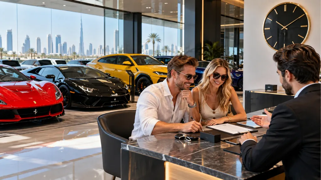 A stylish British couple discusses an hourly supercar rental with a dealership representative inside a luxury Dubai showroom, surrounded by red, black and yellow supercars and a large wall clock.
